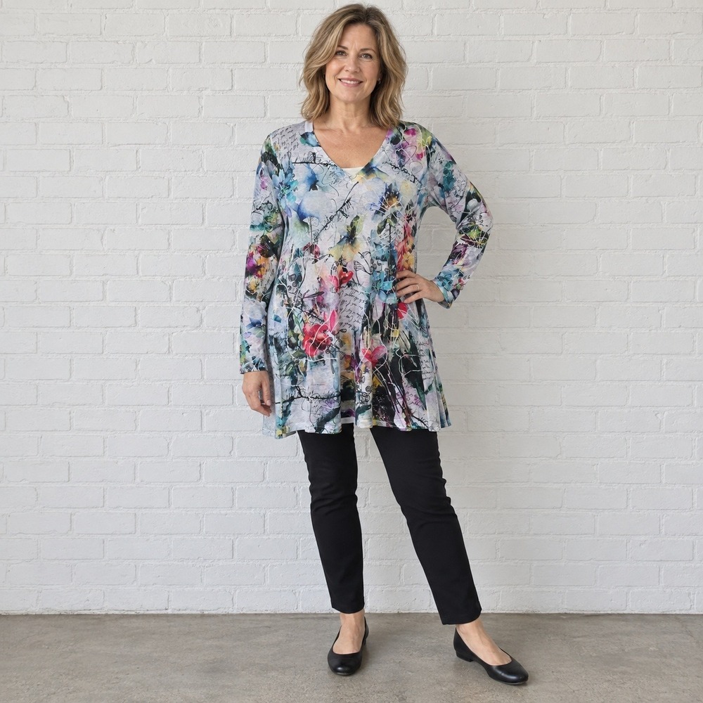 Inoah Tunic Womens L Multicolor Floral Script V Neck Art to Wear Made USA